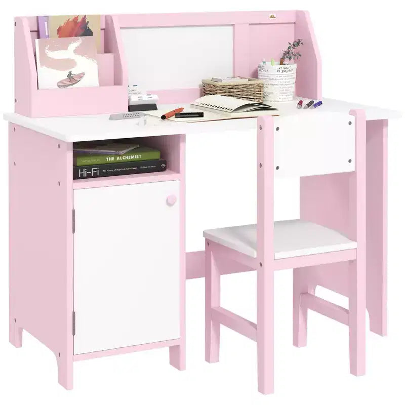  Kids Desk and Chair Set with Whiteboard Large Storage Cabinet Organizer for Art and Study 35.4x17.7x33.5 in Pink