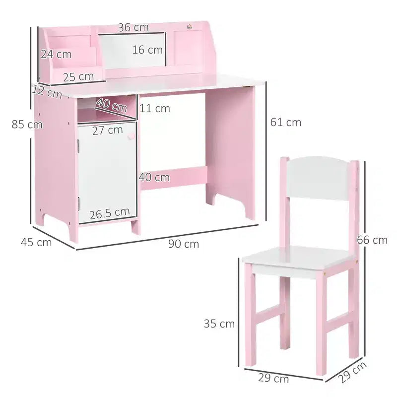 Scrivania e Sedia per Bambini con Lavagna, Grande Mobile Contenitore per Arte e Studio 90x45x85 cm Rosa