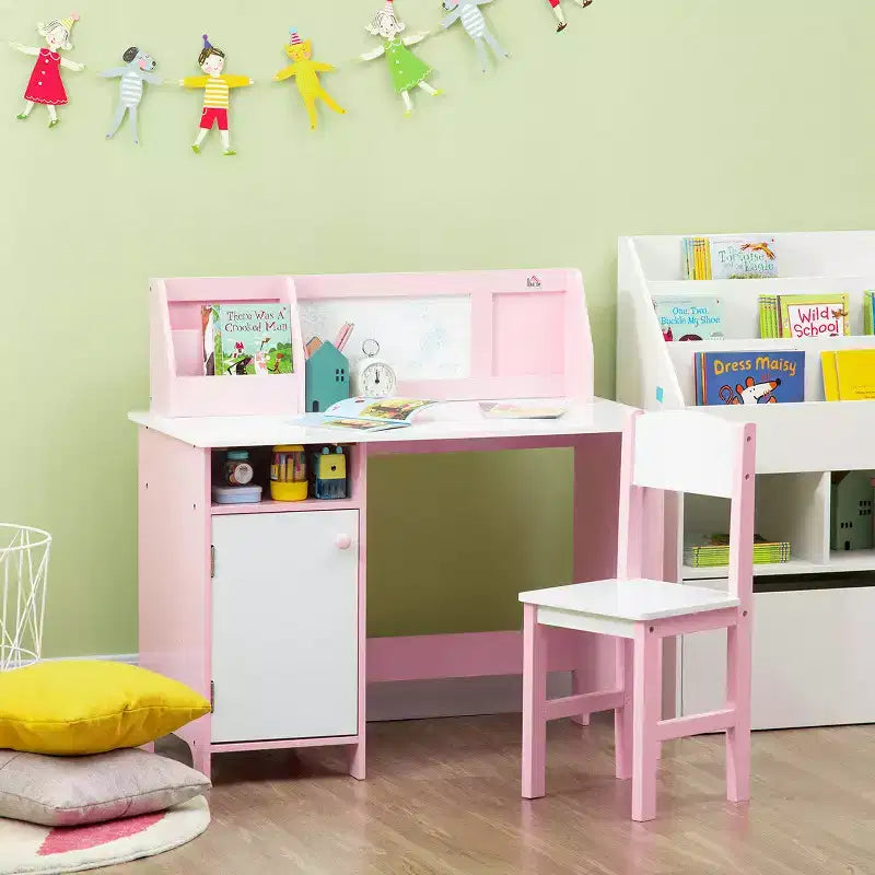 Scrivania e Sedia per Bambini con Lavagna, Grande Mobile Contenitore per Arte e Studio 90x45x85 cm Rosa