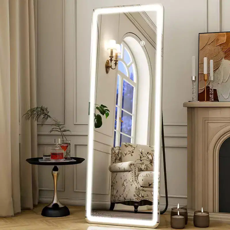  LED Full Length Mirror  Dimmable Lighted Floor Mirror with 3 Color Modes & Aluminum Frame