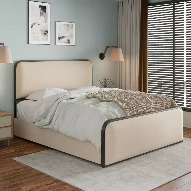 Letto a piattaforma in metallo matrimoniale/king size con testiera e pediera imbottite curve, struttura letto in metallo resistente per camera da letto