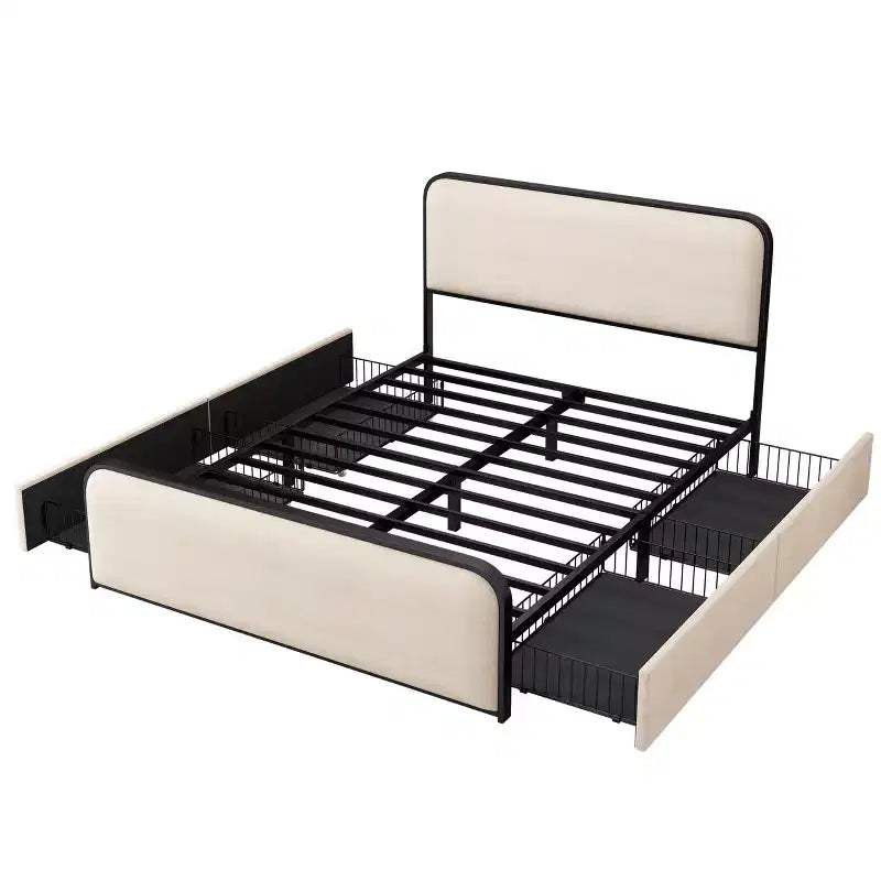 Letto a piattaforma in metallo matrimoniale/king size con testiera e pediera imbottite curve, struttura letto in metallo resistente per camera da letto