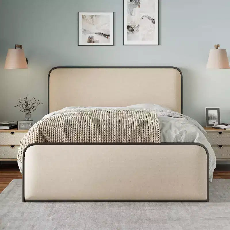 Letto a piattaforma in metallo matrimoniale/king size con testiera e pediera imbottite curve, struttura letto in metallo resistente per camera da letto