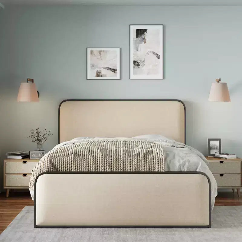 Letto a piattaforma in metallo matrimoniale/king size con testiera e pediera imbottite curve, struttura letto in metallo resistente per camera da letto