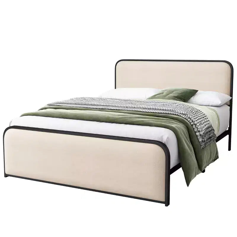 Letto a piattaforma in metallo matrimoniale/king size con testiera e pediera imbottite curve, struttura letto in metallo resistente per camera da letto