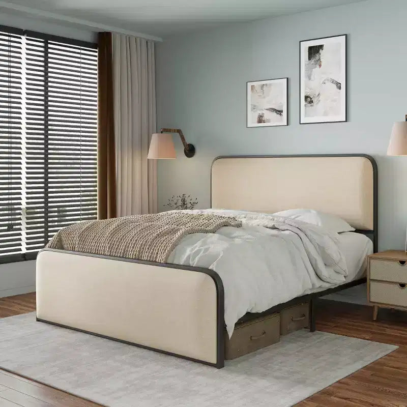 Queen/King Size Metal Platform Bed with Curved Upholstered Headboard and Footboard, Heavy Duty Metal Bed Frame for Bedroom