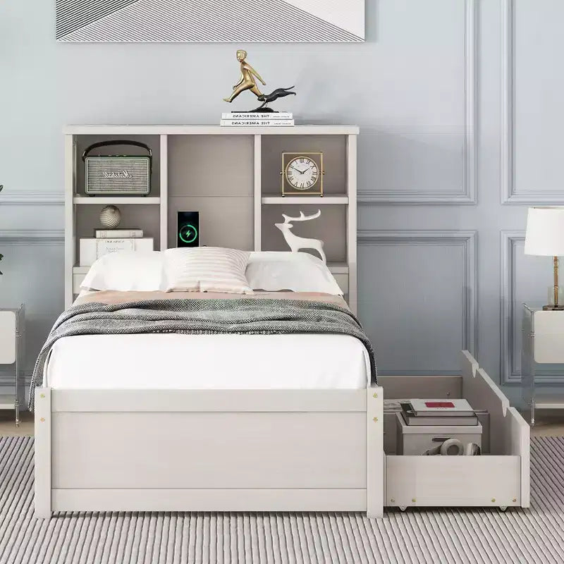  87-inch modern double bed frame with bookshelf-style double-tier headboard, built-in USB ports, and two drawers. White washed