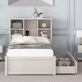  87-inch modern double bed frame with bookshelf-style double-tier headboard, built-in USB ports, and two drawers. White washed