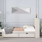 Struttura letto matrimoniale moderna da 87 pollici con testiera a due livelli stile libreria, porte USB integrate e due cassetti. Effetto sbiancato
