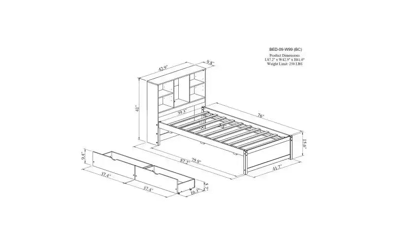 Struttura letto matrimoniale moderna da 87 pollici con testiera a due livelli stile libreria, porte USB integrate e due cassetti. Effetto sbiancato