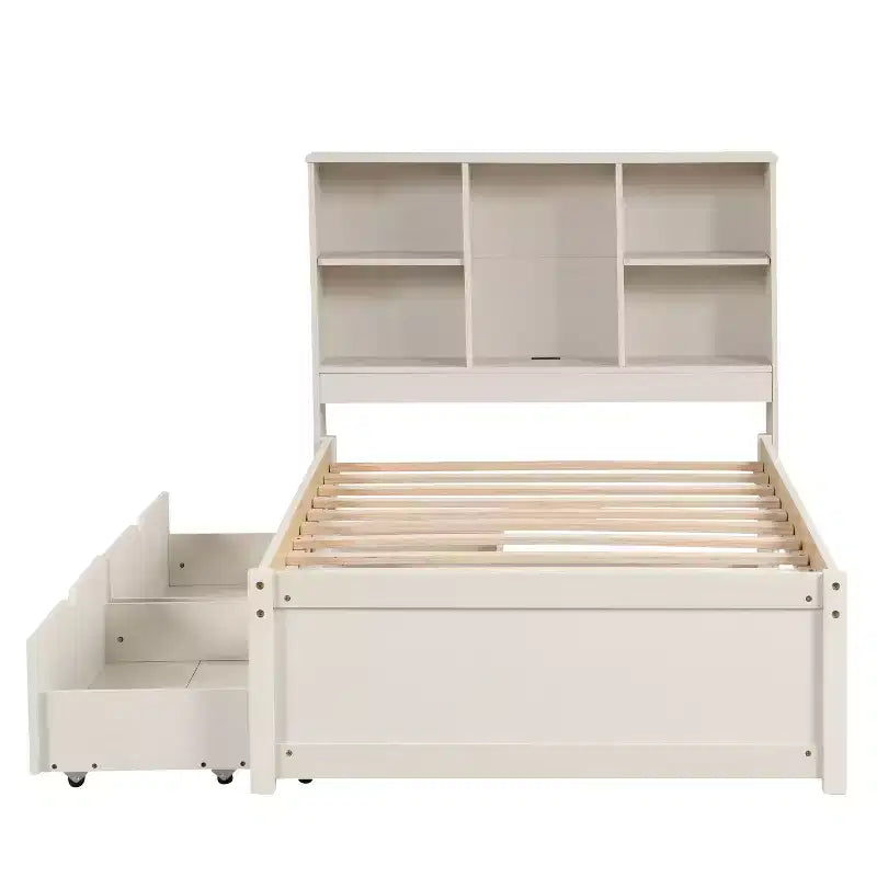 Struttura letto matrimoniale moderna da 87 pollici con testiera a due livelli stile libreria, porte USB integrate e due cassetti. Effetto sbiancato