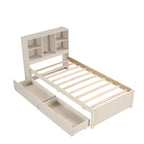 Struttura letto matrimoniale moderna da 87 pollici con testiera a due livelli stile libreria, porte USB integrate e due cassetti. Effetto sbiancato