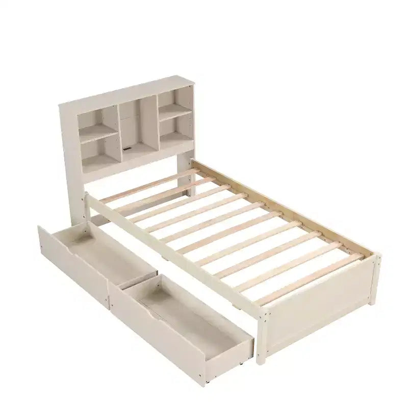 Struttura letto matrimoniale moderna da 87 pollici con testiera a due livelli stile libreria, porte USB integrate e due cassetti. Effetto sbiancato