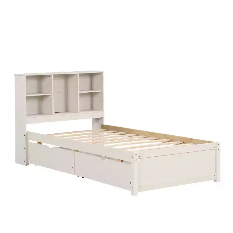 Struttura letto matrimoniale moderna da 87 pollici con testiera a due livelli stile libreria, porte USB integrate e due cassetti. Effetto sbiancato