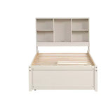 Struttura letto matrimoniale moderna da 87 pollici con testiera a due livelli stile libreria, porte USB integrate e due cassetti. Effetto sbiancato