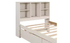 Struttura letto matrimoniale moderna da 87 pollici con testiera a due livelli stile libreria, porte USB integrate e due cassetti. Effetto sbiancato