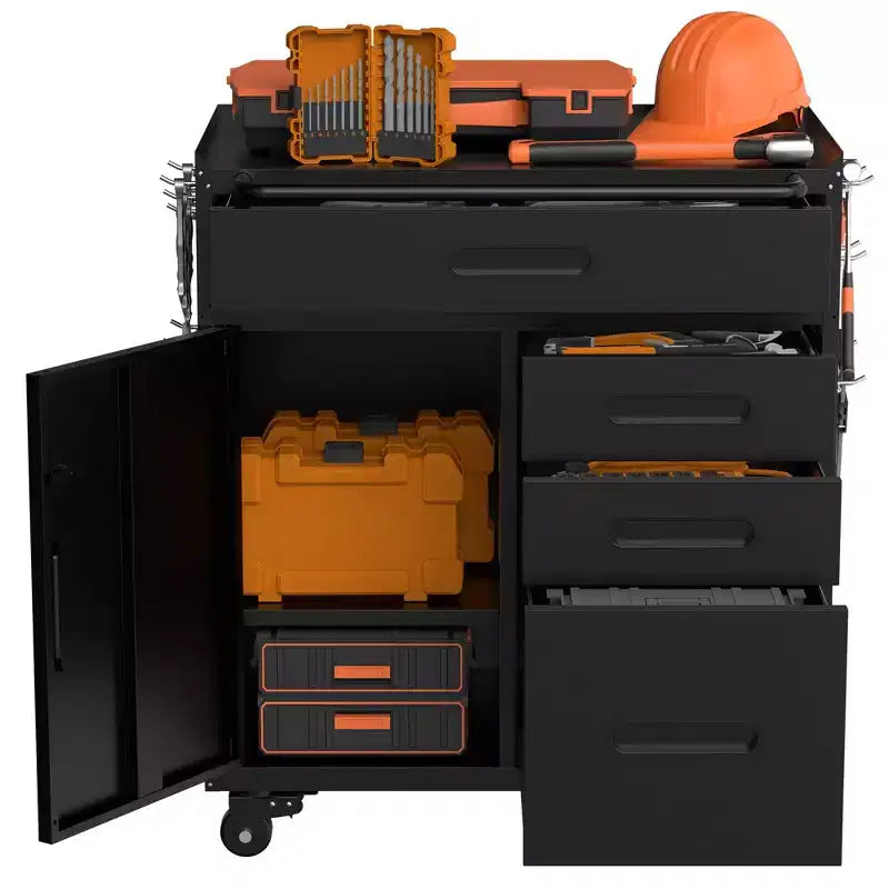 Cassettiera portautensili mobile a 4 cassetti da 34" - Organizzatore da garage in acciaio resistente con scomparto portaoggetti chiudibile a chiave e cassettiera da officina su ruote, nero