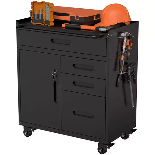 Cassettiera portautensili mobile a 4 cassetti da 34" - Organizzatore da garage in acciaio resistente con scomparto portaoggetti chiudibile a chiave e cassettiera da officina su ruote, nero