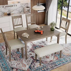   6 Piece Retro Dining Set with Wooden Rectangular Table and 4 Chairs with Bench