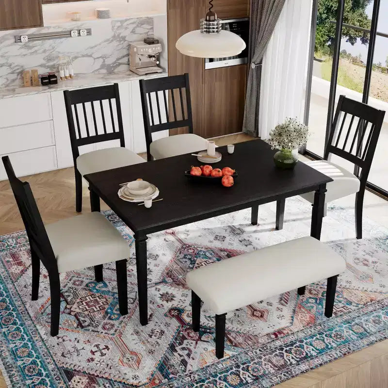 6 Set Pranzo Retrò con Tavolo Rettangolare in Legno e 4 Sedie con Panca