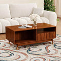  47.2'' Walnut Coffee Table with Storage and Open Shelf, Mid-century Modern Wood Coffee Table with Gold Metal Detail, For Living Room