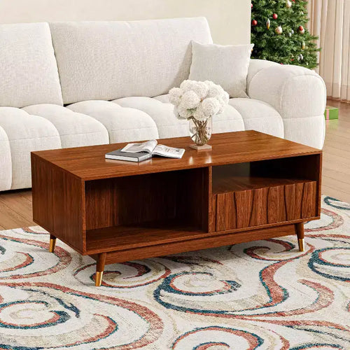  47.2'' Walnut Coffee Table with Storage and Open Shelf, Mid-century Modern Wood Coffee Table with Gold Metal Detail, For Living Room