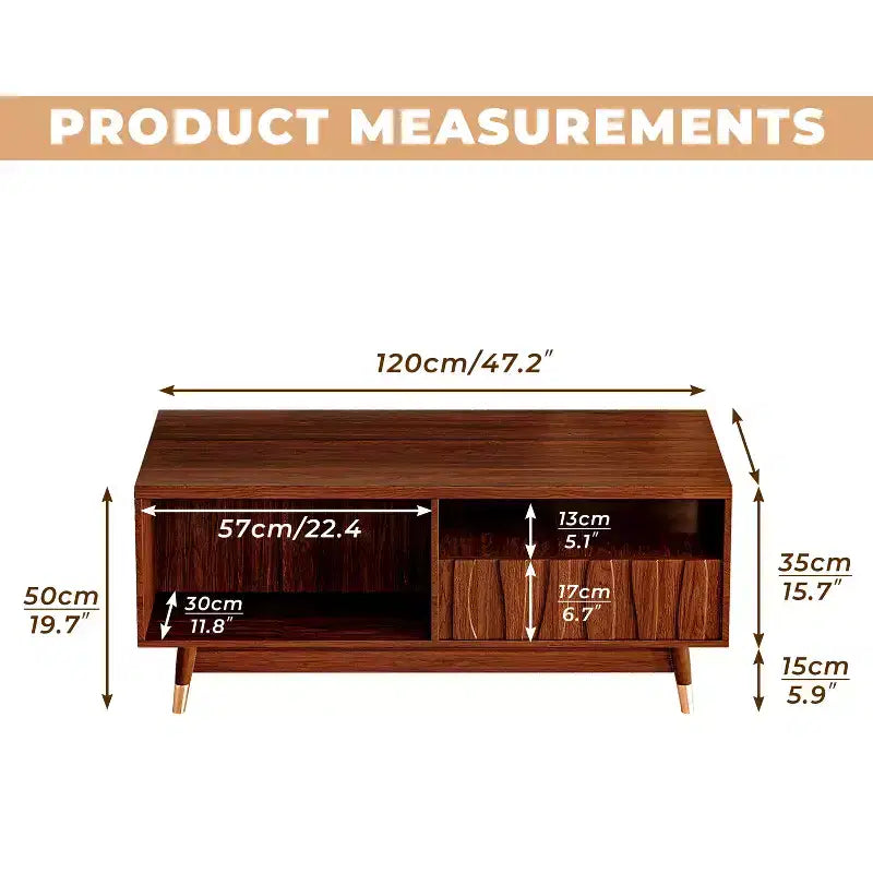Tavolino da caffè in noce da 120 cm con contenitore e ripiano aperto, tavolino da caffè in legno moderno di metà secolo con dettagli in metallo dorato, per soggiorno