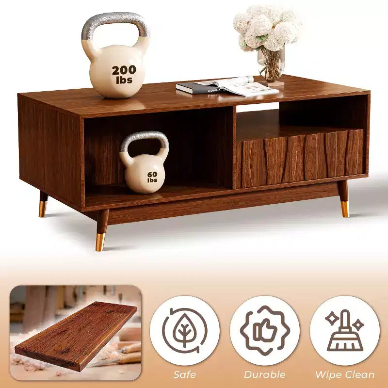 Tavolino da caffè in noce da 120 cm con contenitore e ripiano aperto, tavolino da caffè in legno moderno di metà secolo con dettagli in metallo dorato, per soggiorno