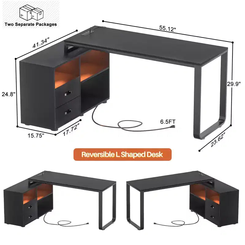 Scrivania angolare a L da 62" con cassetto portadocumenti e luci LED