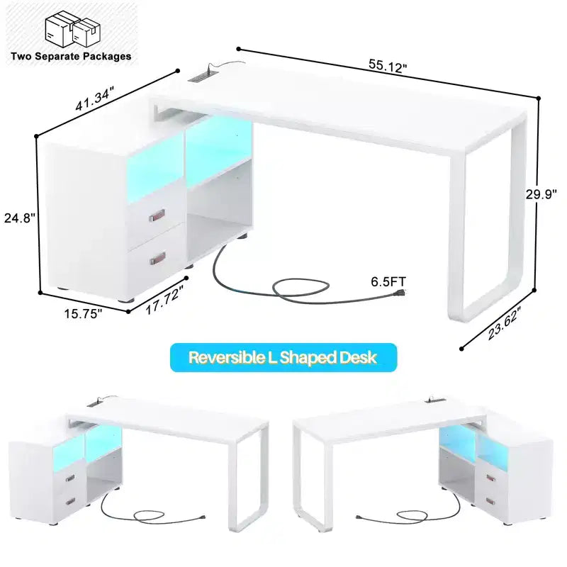 Scrivania angolare a L da 62" con cassetto portadocumenti e luci LED