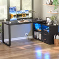  62 L Shaped Computer Desk with File Drawer, LED Lights