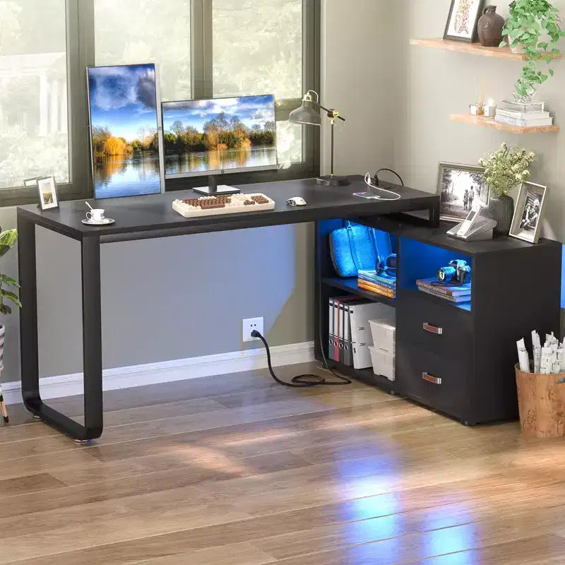  62 L Shaped Computer Desk with File Drawer, LED Lights
