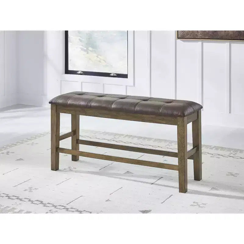   Counter Height Upholstered Dining Bench, Faux Leather Seat, Light Brown Finish