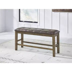   Counter Height Upholstered Dining Bench, Faux Leather Seat, Light Brown Finish