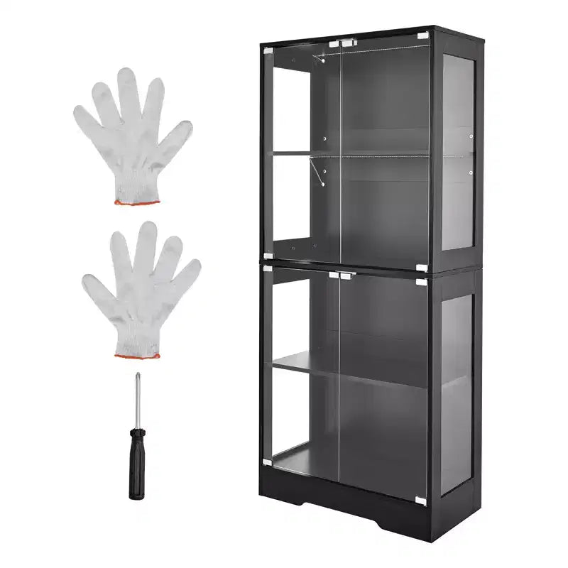  Display Cabinet with Glass Doors, 65 in Tall Lighted Display Case with 3 Color Lights, 4-Tier Curio Collectibles Storage Cabinet, Black