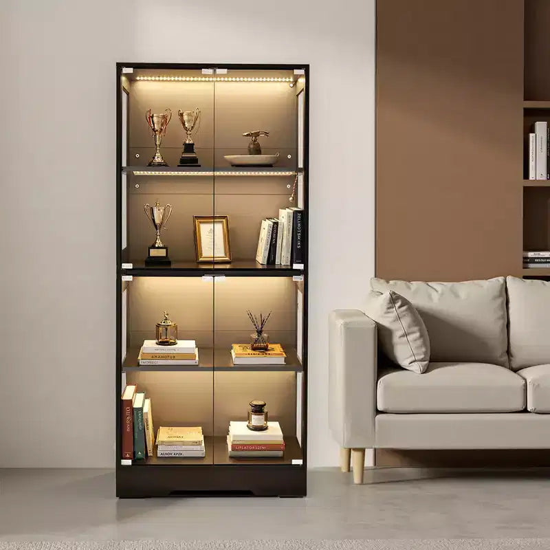 Vetrina espositiva con ante in vetro, teca illuminata alta 165 cm con luci a 3 colori, armadietto a 4 ripiani per oggetti da collezione, nero