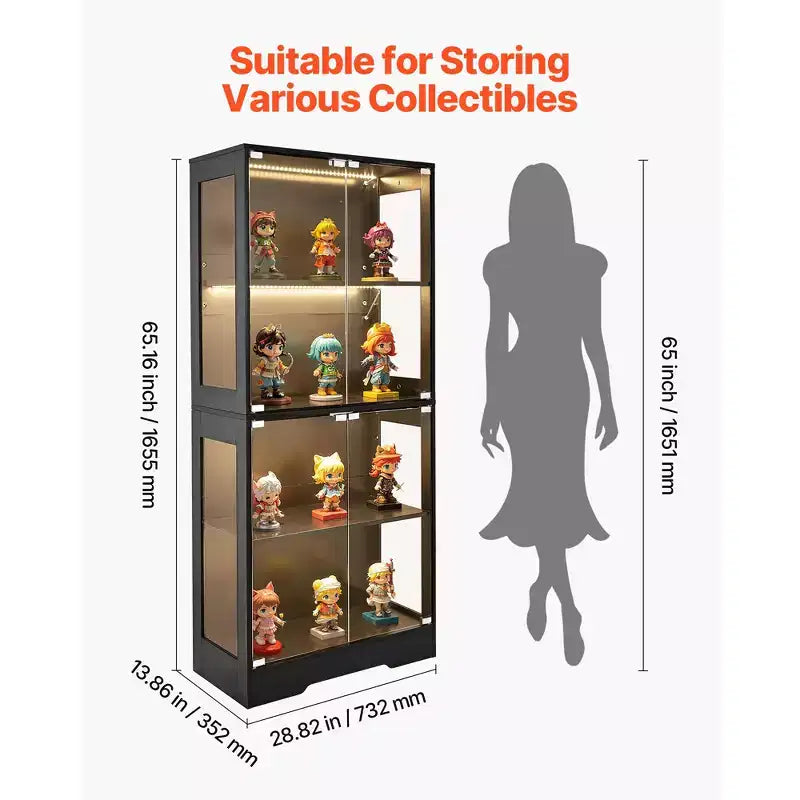 Vetrina espositiva con ante in vetro, teca illuminata alta 165 cm con luci a 3 colori, armadietto a 4 ripiani per oggetti da collezione, nero