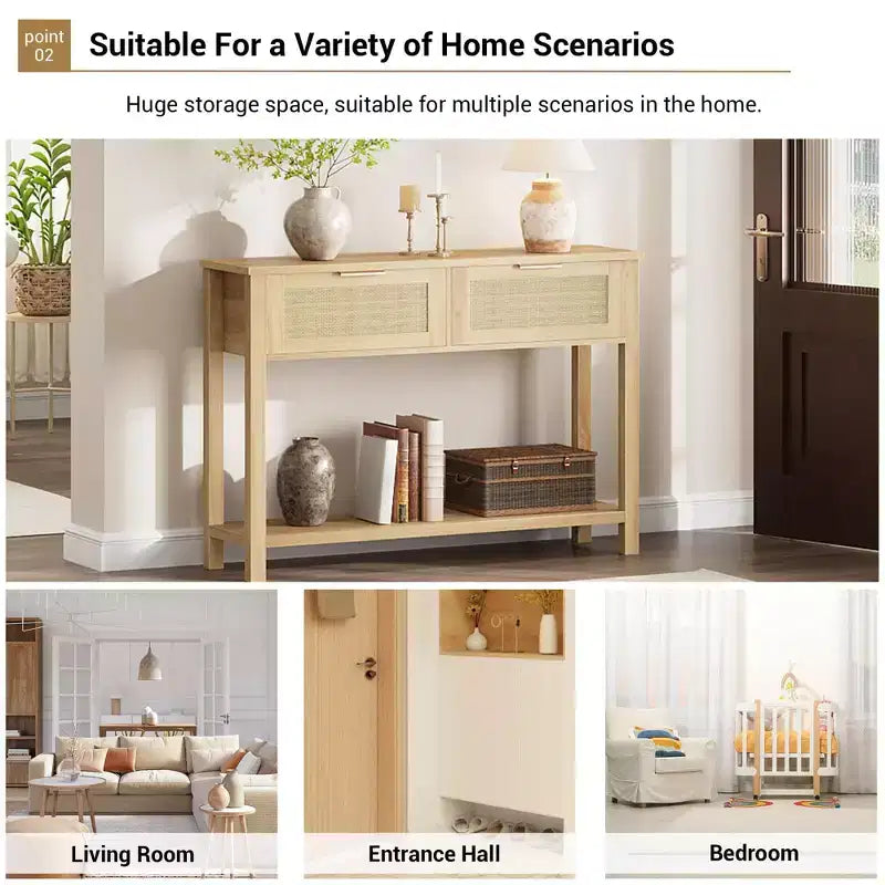 Tavolo Consolle in Rattan Stile Fattoria 43" con 2 Cassetti e Ripiano Aperto - Tavolino Stretto per Divano, Ingresso, Soggiorno, Corridoio, Foyer