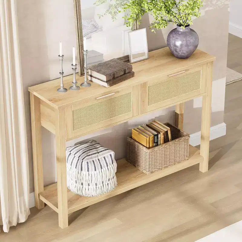 Tavolo Consolle in Rattan Stile Fattoria 43" con 2 Cassetti e Ripiano Aperto - Tavolino Stretto per Divano, Ingresso, Soggiorno, Corridoio, Foyer