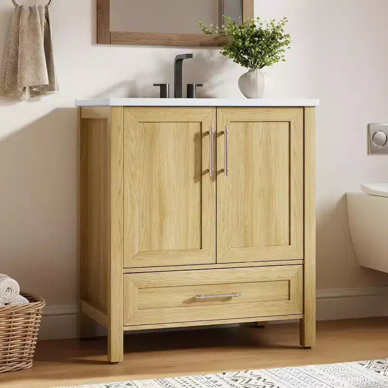 30 Bathroom Vanity with Sink & Soft-Closing Doors - Freestanding Storage Cabinet in Natural Wood