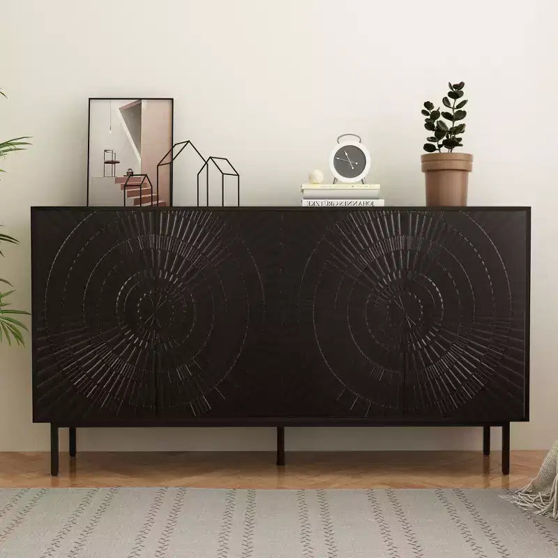  Modern Black Wooden Sideboard, Kitchen Storage Cabinet with Adjustable Shelves and Vacuum-Formed Door Design, Suitable for Kitchens, Black