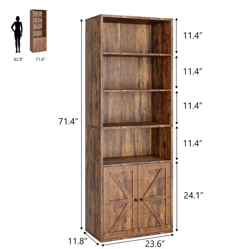 Libreria rustica alta 71,4 pollici, marrone scuro, (2) scaffali industriali a 6 ripiani con ante scorrevoli per soggiorno/camera da letto/ufficio