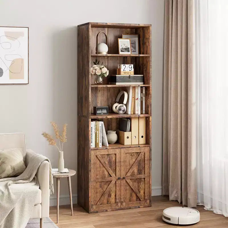 Libreria rustica alta 71,4 pollici, marrone scuro, (2) scaffali industriali a 6 ripiani con ante scorrevoli per soggiorno/camera da letto/ufficio