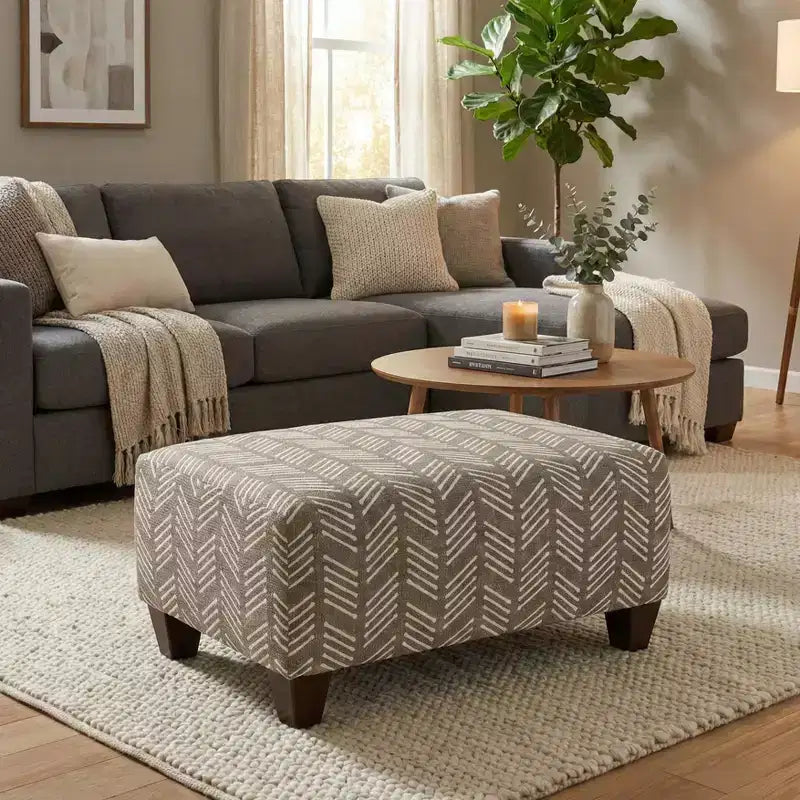   Living Room Ottoman, Herringbone-Inspired Fabric Upholstery
