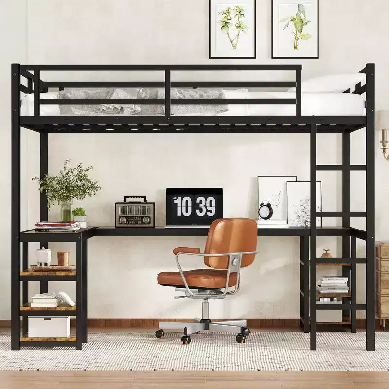  Twin XL Metal Loft Bed with Desk and Shelves, Loft Bed with Ladder and Guardrails, Loft Bed Frame for Bedroom, Black