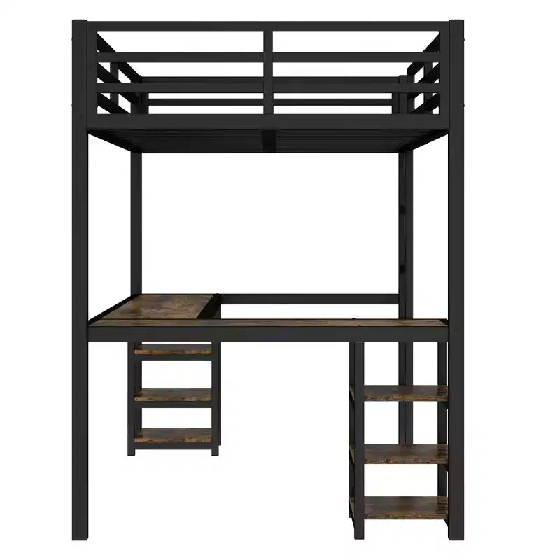 Letto a soppalco Twin XL in metallo con scrivania e mensole, letto a soppalco con scala e ringhiere, struttura per letto a soppalco per camera da letto, nero