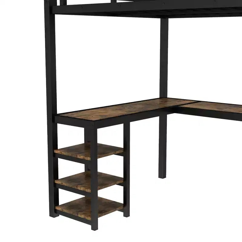 Letto a soppalco Twin XL in metallo con scrivania e mensole, letto a soppalco con scala e ringhiere, struttura per letto a soppalco per camera da letto, nero