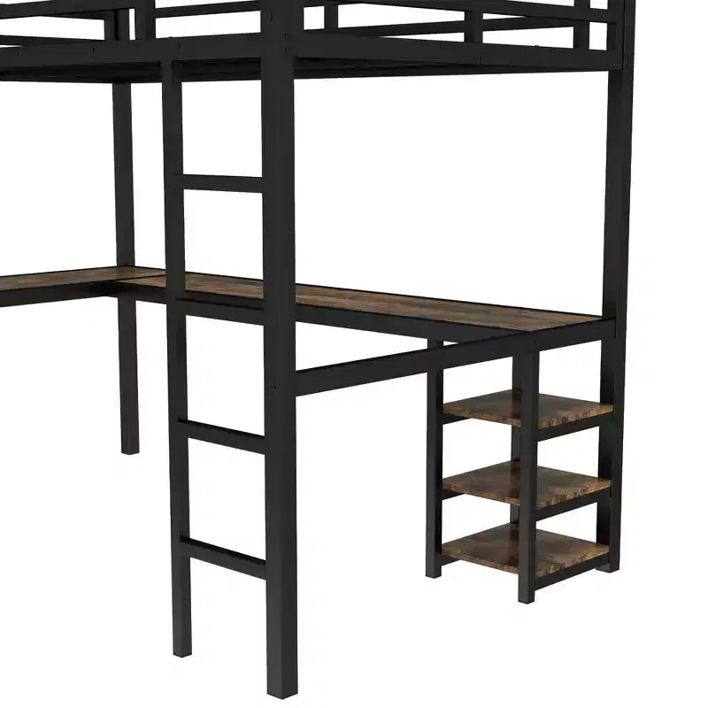 Letto a soppalco Twin XL in metallo con scrivania e mensole, letto a soppalco con scala e ringhiere, struttura per letto a soppalco per camera da letto, nero