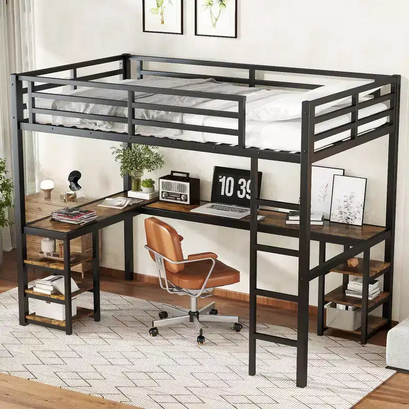 Letto a soppalco Twin XL in metallo con scrivania e mensole, letto a soppalco con scala e ringhiere, struttura per letto a soppalco per camera da letto, nero