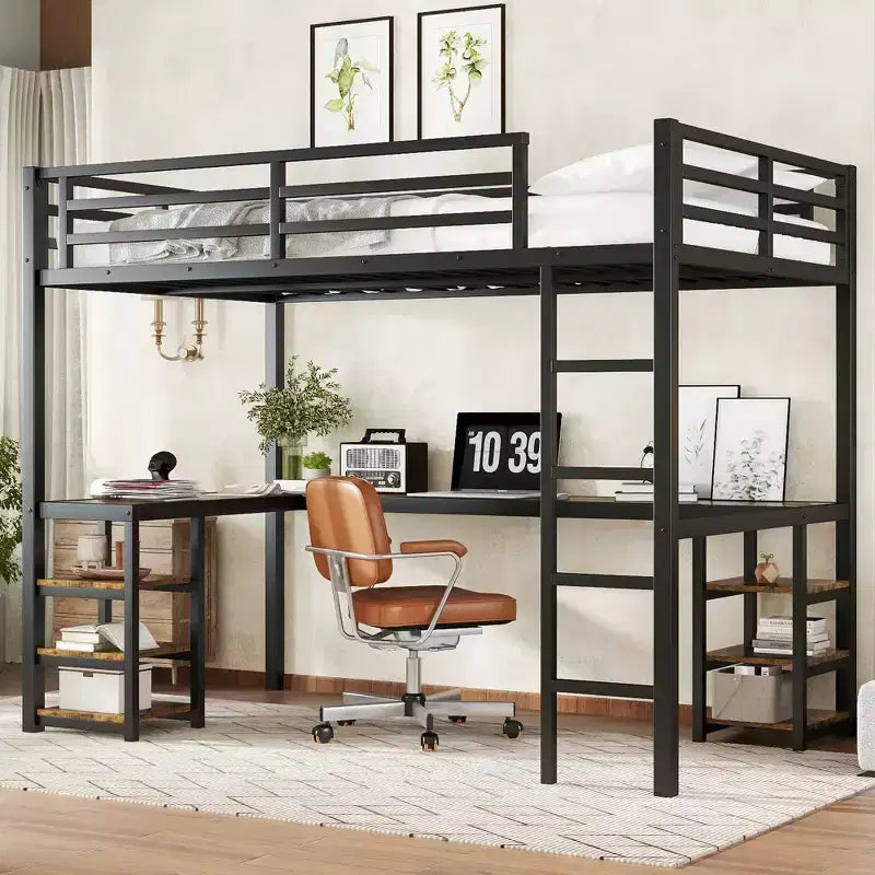 Letto a soppalco Twin XL in metallo con scrivania e mensole, letto a soppalco con scala e ringhiere, struttura per letto a soppalco per camera da letto, nero